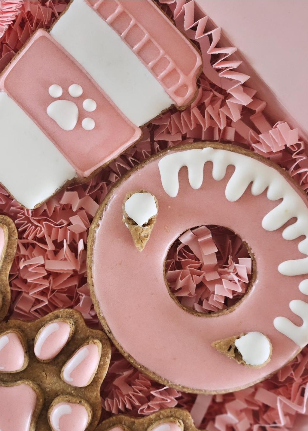 Hand-decorated dog cookies served like a café snack box