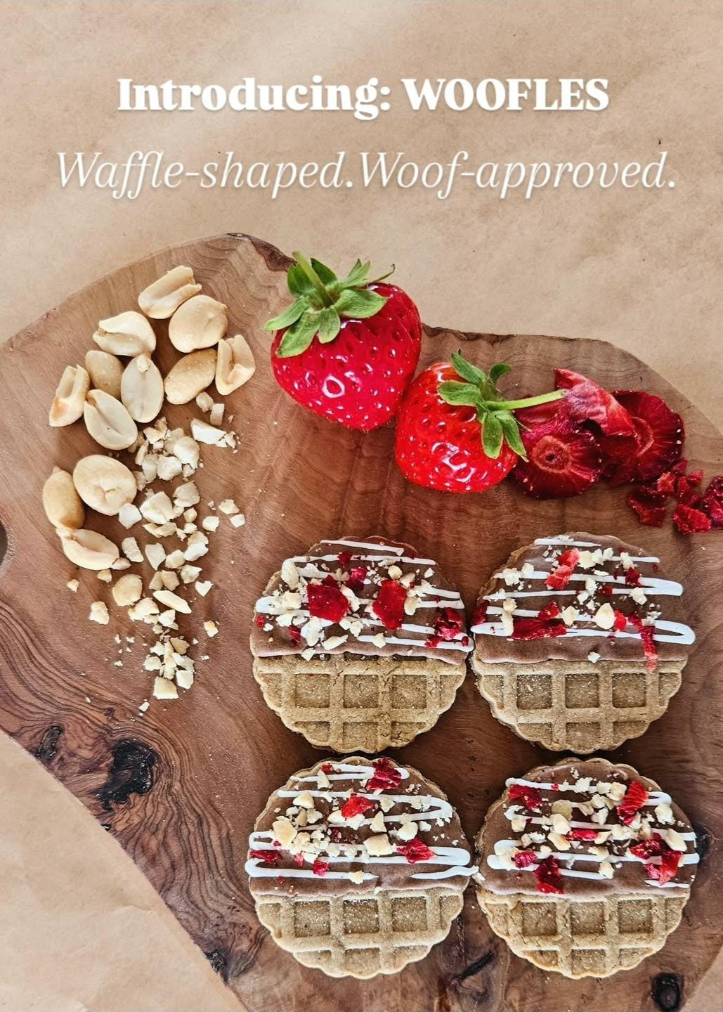 Waffle‑shaped dog cookies called Wooffles with carob, icing, strawberries and peanuts