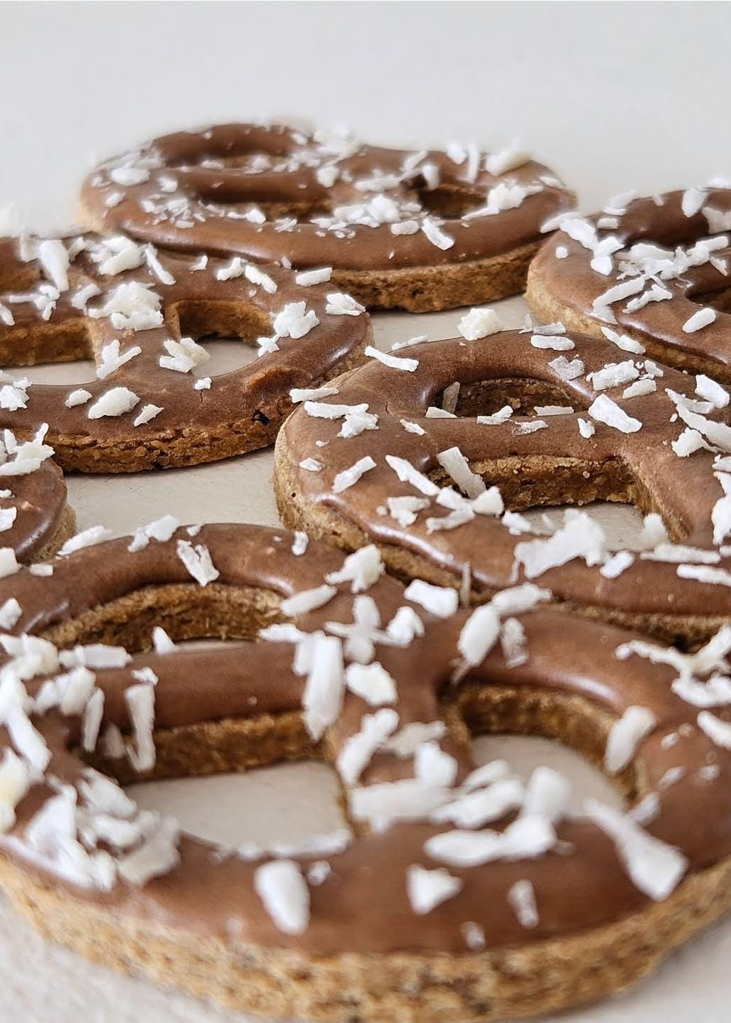 8 Pretzel Box dog cookies with carob and coconut decoration