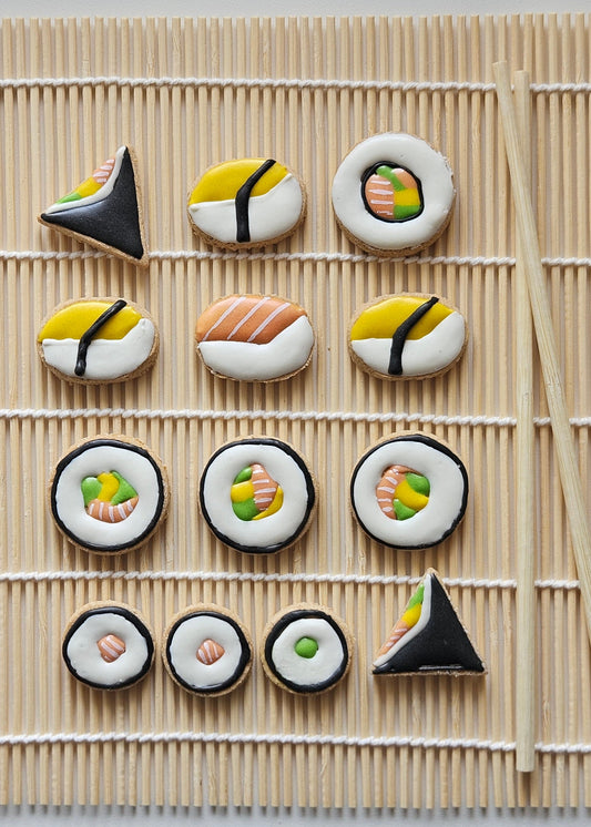 Sushi‑style dog cookies hand‑decorated in London by Fluffy Fluff