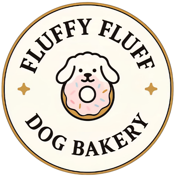 Logo of Fluffy Fluff Dog Bakery with a dog eating a donut on a white background