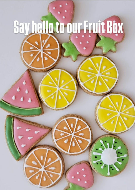 Fruit Box dog cookies – 12 hand‑decorated fruit-themed treats