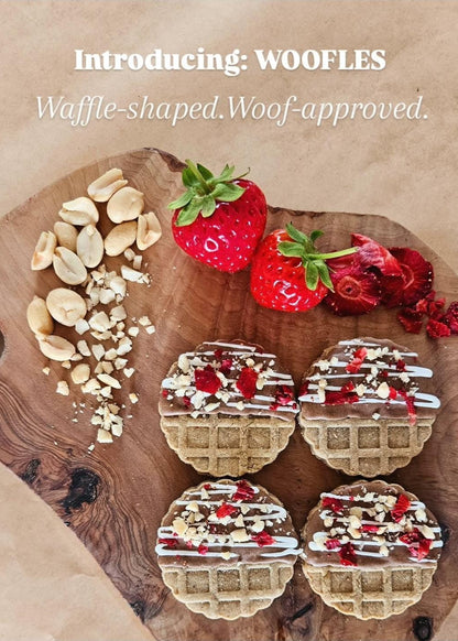 Waffle‑shaped dog cookies called Wooffles with carob, icing, strawberries and peanuts
